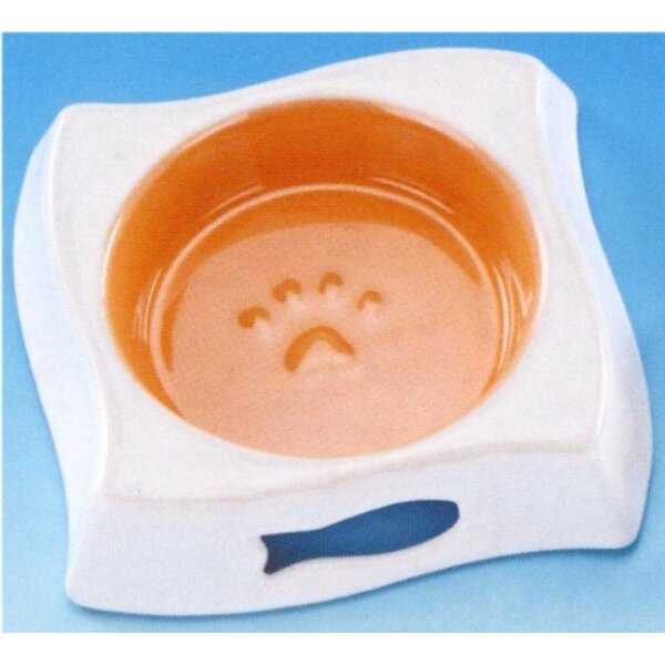 Katzen Keramikschale/Napf quadratisch Ø12 cm orange mit Fischmotiv - Frisches De